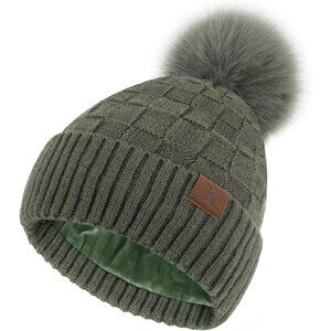 Womens Winter Beanie Hat Knit Plaid Fleece Lined Pompom Cap Cold Weather Gift